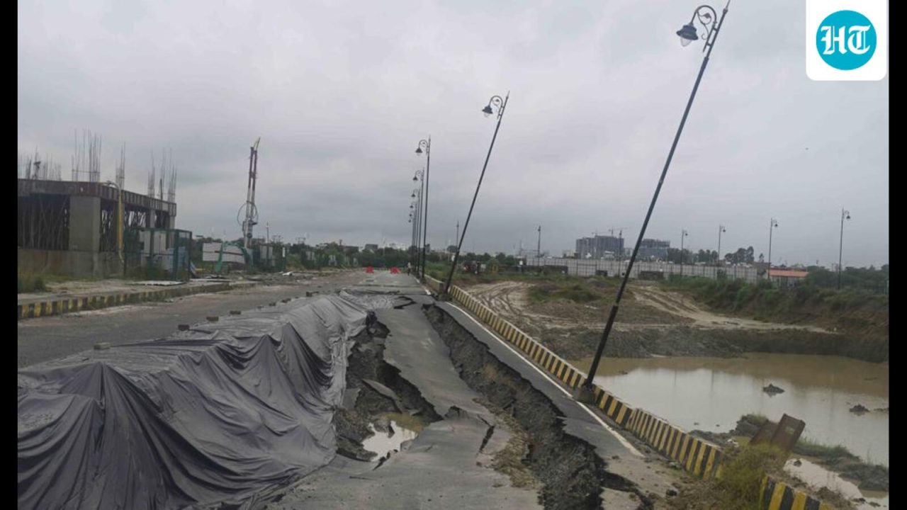 Lucknow: Road caves in near Ekana as rainwater seeps into sandy soil