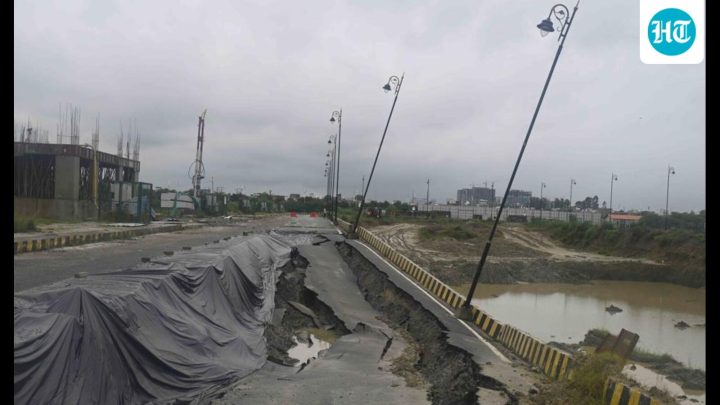 Lucknow: Road caves in near Ekana as rainwater seeps into sandy soil